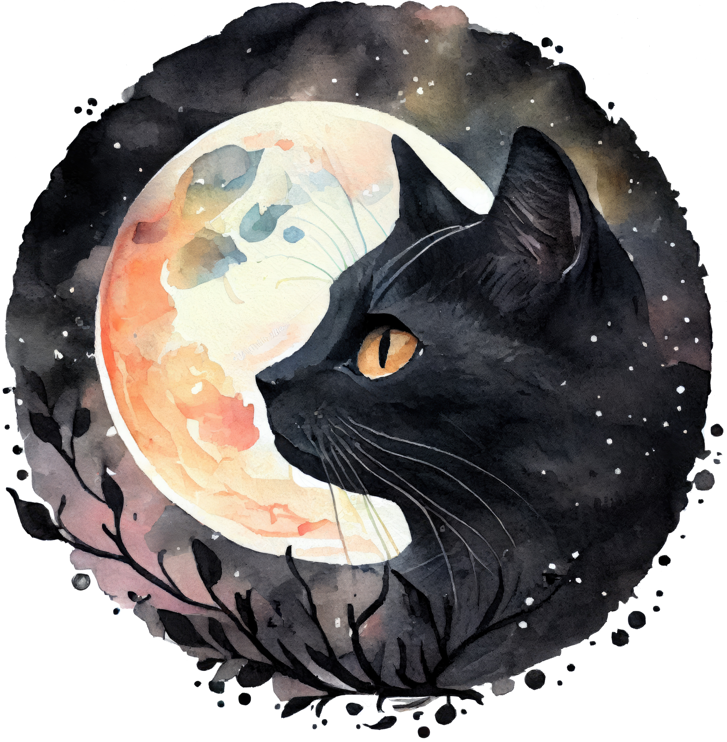 Celestial Black Cat Watercolor